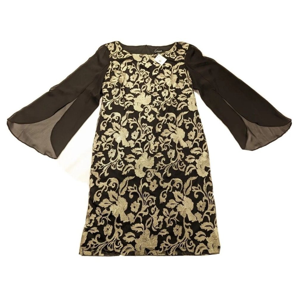 Connected Apparel Dress Size 10 Black Sheer Flutter Sleeve Embroidered New